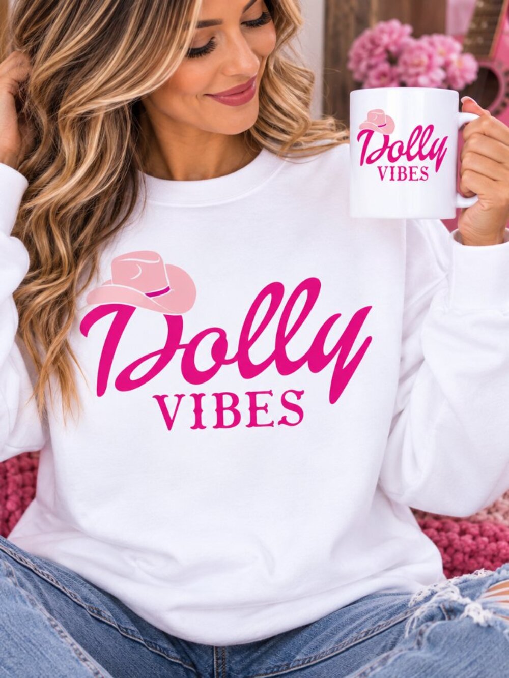 Dolly Vibes Sweatshirt & Mug Set Western Cowgirl Country Music Gift